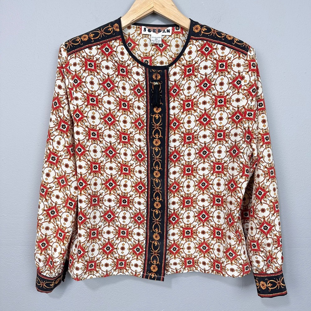 Jordan Blouse Women Size L Red Black Gold Baroque Tassel Button Front Vintage